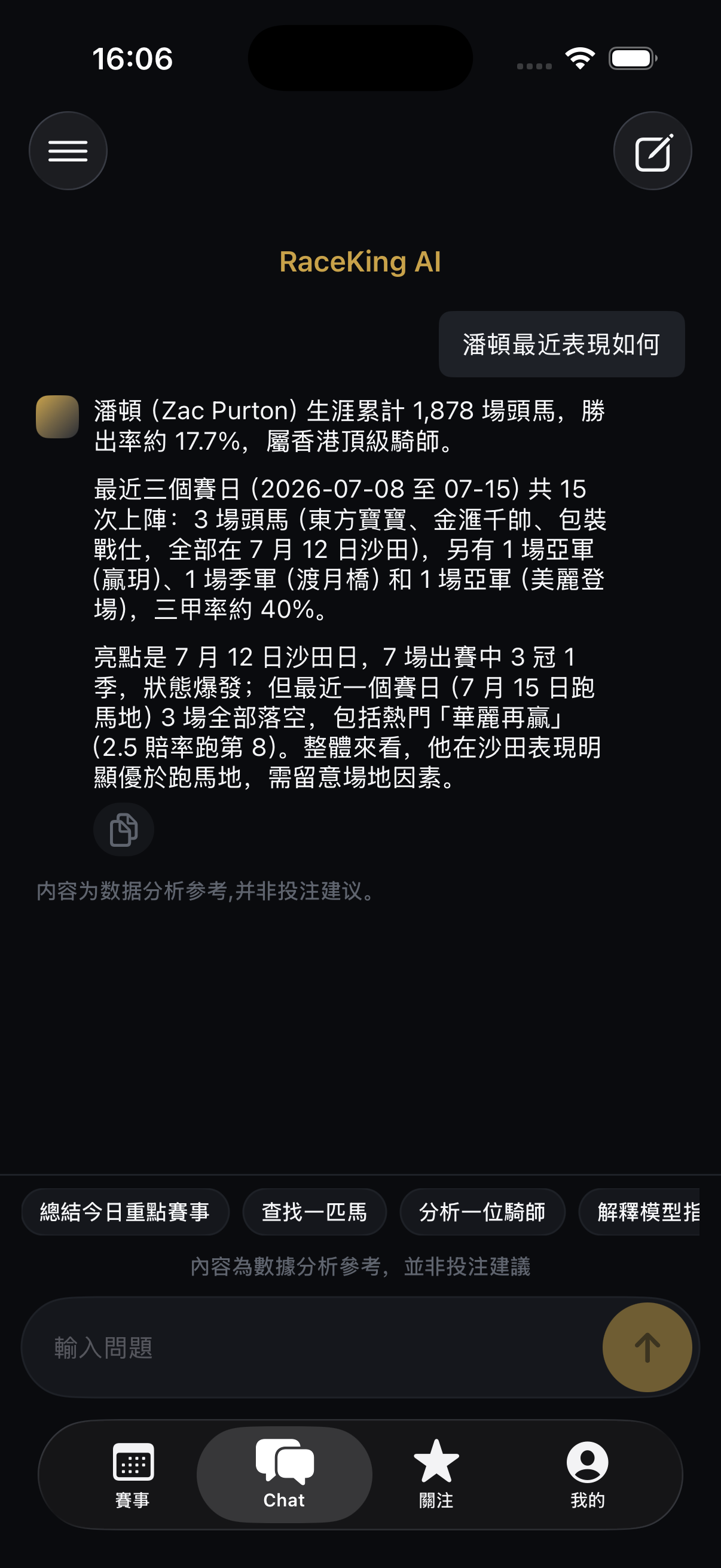 RaceKing AI 對話畫面